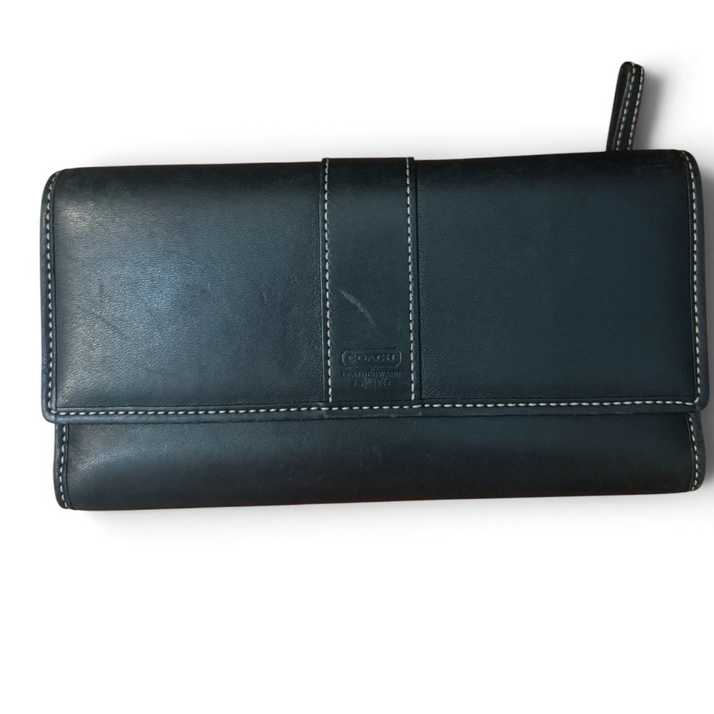 Coach Trifold Wallet Womens Black Leather Checkbook Cover Vintage Classic Chic